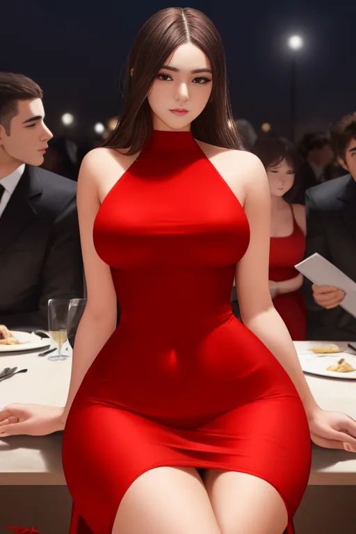 The image shows a woman in a red dress sitting at a table. She has long brown hair, and her eyes are looking at the camera. She is wearing a tight red dress that is cut low in the front and has a high slit on one leg. She is also wearing a pair of red high heels. There is a man and woman standing behind her. The man is wearing a black suit and tie, and the woman is wearing a white dress. They are both looking at the woman in the red dress.