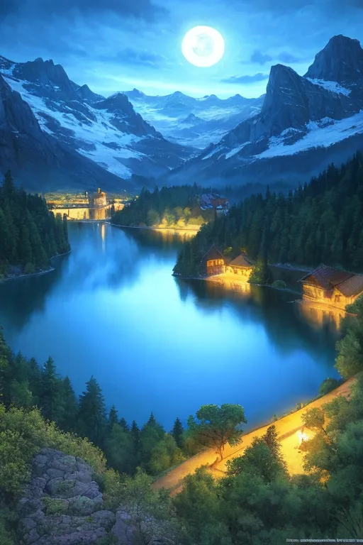 The image is a beautiful landscape of a mountain valley at night. The sky is dark and clear, and the moon is full. The mountains are covered in snow, and the trees are dark green. The lake is calm and still, and the only sound is the gentle lapping of the waves against the shore. There is a village on the shore of the lake. The houses are made of wood and have steeply pitched roofs to help shed the snow. The village is lit up by the warm glow of the lights inside the houses. There is a path that leads from the village to the lake. A person is walking along the path, carrying a lantern. The image is peaceful and serene, and it captures the beauty of the natural world.