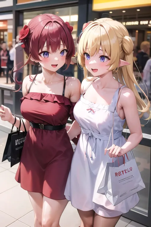 A imagem retrata duas jovens mulheres, ambas com designs de personagens estilo anime, caminhando juntas em um shopping. A mulher à esquerda tem cabelos vermelhos e olhos roxos, e está usando um vestido vermelho com um cinto branco e uma bolsa preta. A mulher à direita tem cabelos loiros e olhos azuis, e está usando um vestido branco com um laço rosa e uma bolsa branca. Ambas estão sorrindo e parecem estar aproveitando sua conversa. O fundo da imagem é um shopping desfocado com pessoas andando ao redor.