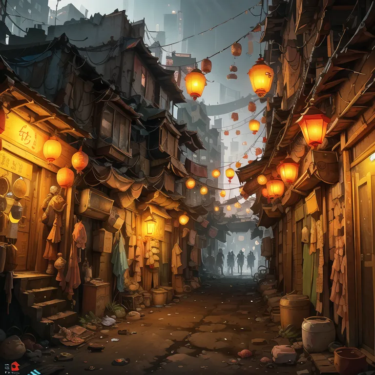 The image shows a street in a rundown city. The buildings are in disrepair, with broken windows and tattered awnings. The street is littered with trash and debris. There are a few people walking in the street, all of whom are wearing tattered clothing. The only light comes from the few lanterns that are strung up between the buildings. The overall impression is one of poverty and despair.