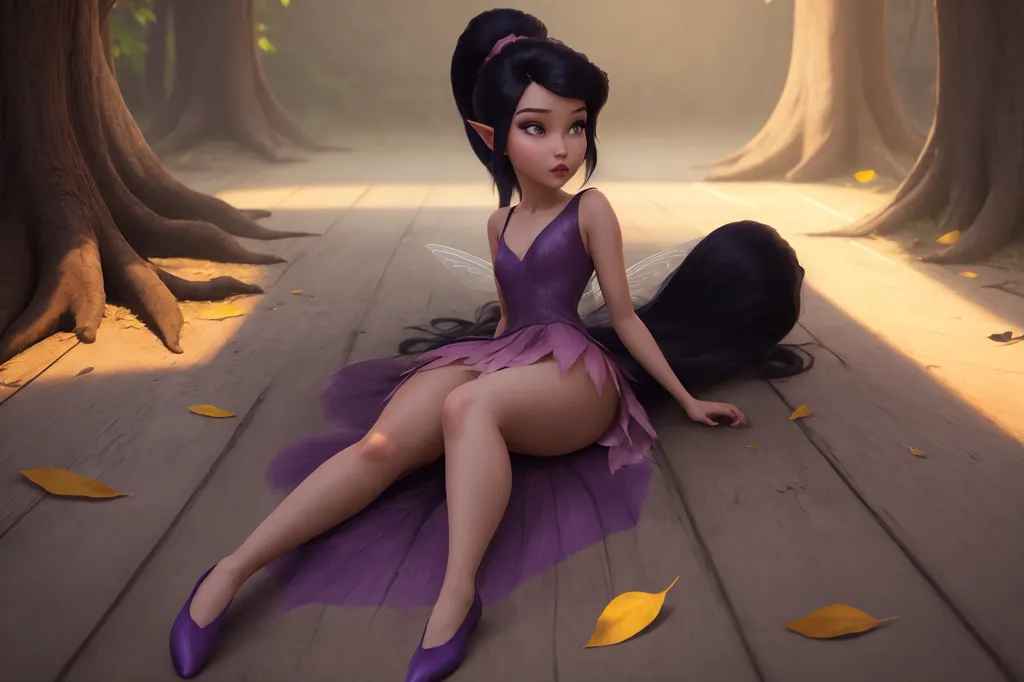 The image is of a beautiful fairy with long black hair and purple eyes. She is wearing a purple dress with a pink sash and purple ballet flats. She is sitting on a wooden floor in a forest, surrounded by fallen leaves. The background is blurry, but it looks like there are trees and flowers in the distance.