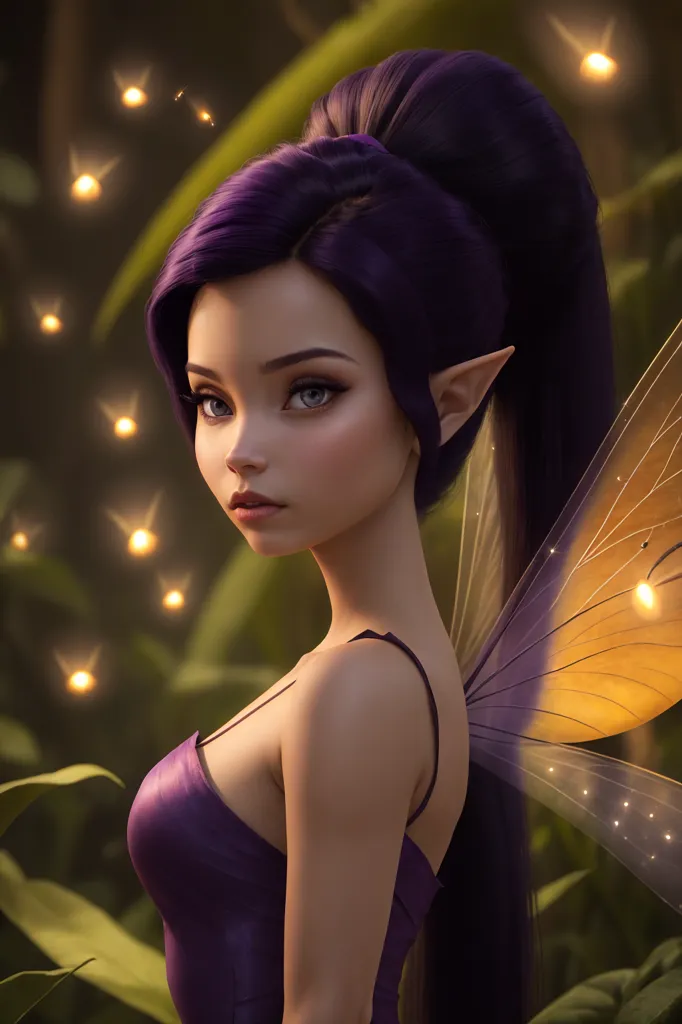 The image is a digital painting of a fairy. She has purple hair and yellow-green eyes. She is wearing a purple dress and has yellow-green wings. She is standing in a forest, surrounded by green leaves. There are also some small, glowing orbs of light floating around her. The fairy is looking at the viewer with a slightly melancholic expression.