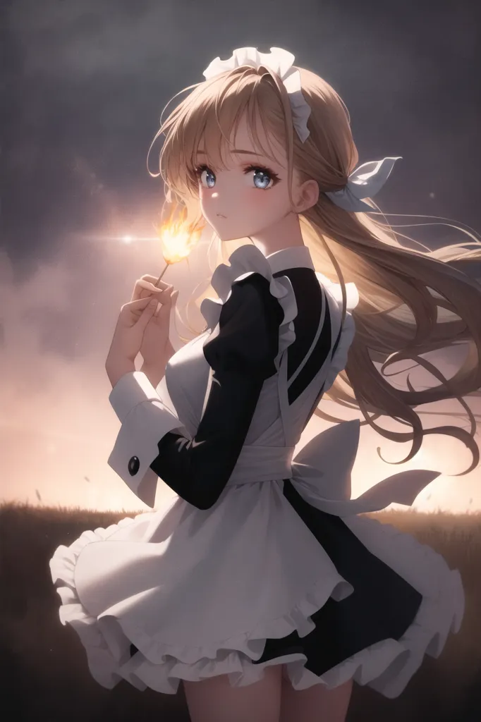 The image is a painting of a young woman in a maid outfit. She is standing in a field of wheat, and the sun is setting behind her. She is holding a match, and she is looking at it with a curious expression. She has long blond hair and blue eyes, and she is wearing a white and black maid outfit. The painting is done in a realistic style, and the colors are vibrant and lifelike.