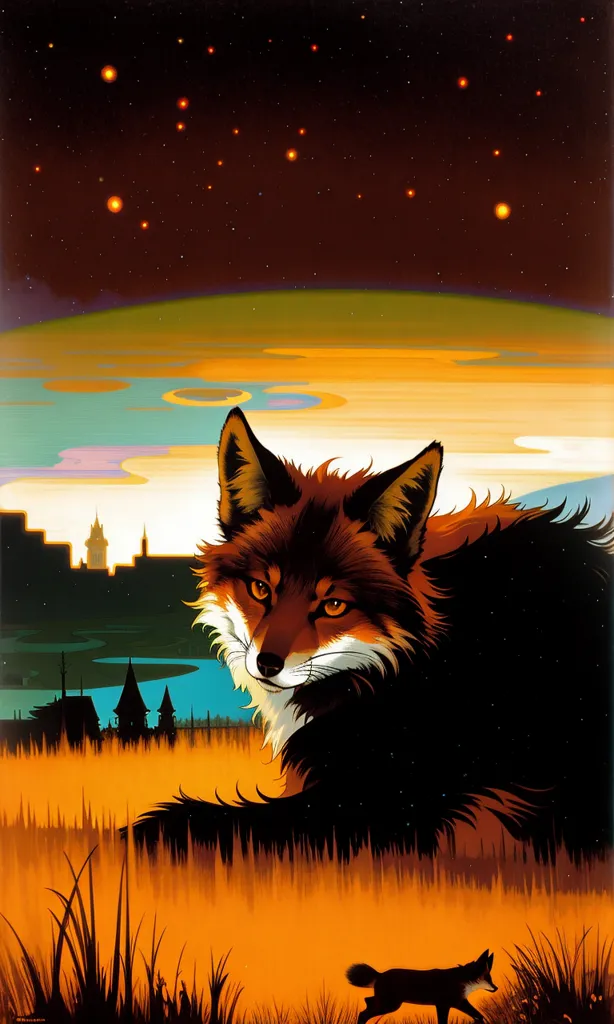 The image is a painting of a fox in a field of grass. The fox is the main focus of the painting and is depicted as a large, majestic creature with bright orange fur and a long, bushy tail. It is standing in a field of tall grass, which is depicted in shades of yellow and green. The background of the painting is a night sky, which is depicted in shades of blue and purple. There are also some stars in the sky. The painting has a warm and inviting atmosphere and depicts the fox as a powerful and noble creature.