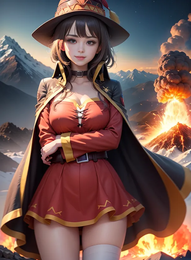 The image is of a young woman, with long brown hair, dressed in a red and white dress with a matching hat. She is standing in front of a snowy mountain range, with a volcano erupting in the background. The woman has a confident smile on her face, and she is looking directly at the viewer.