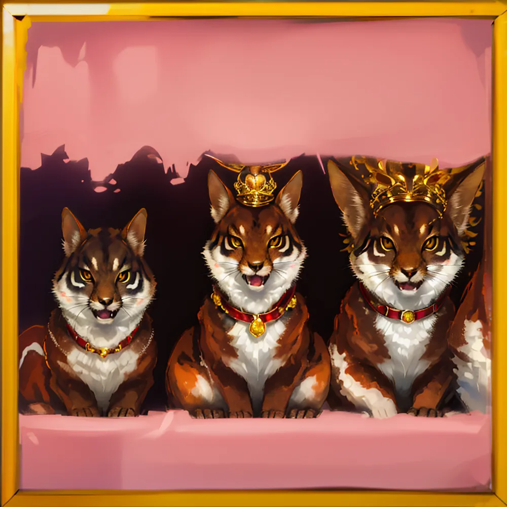 The image shows three cat-like creatures sitting in a pink room. They are all wearing golden collars and the one in the middle is wearing a golden crown. The cats have brown fur with white paws and bellies. The background is a dark pink color. The image is framed in a yellow frame.