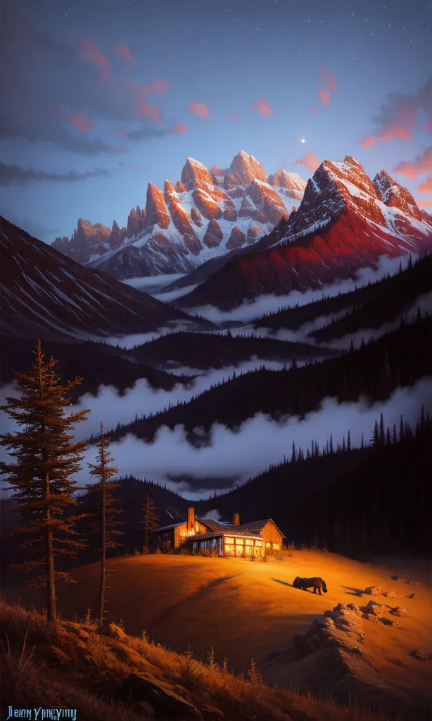 The image is a beautiful landscape painting of a mountain range at sunset. The mountains are covered in snow. The sky is a gradient of orange, pink, blue, and purple. There is a cabin in the foreground of the image. There is a bear walking towards the cabin. The image is very peaceful and serene.