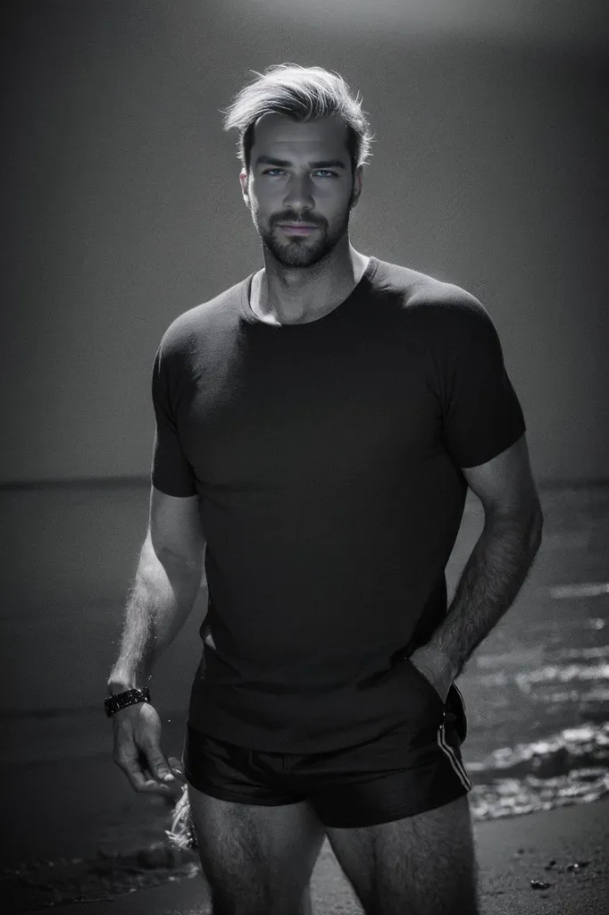 La photo montre un homme debout sur une plage, avec l'océan derrière lui. Il porte un t-shirt et un short sombres. Il a la main dans la poche et regarde l'appareil photo avec une expression sérieuse. Il a les cheveux de couleur claire et les yeux bleus. Il est musclé et semble en bonne forme. La photo est prise d'un angle bas, ce qui rend l'homme plus grand et plus imposant. L'arrière-plan est flou, ce qui aide à attirer l'attention sur l'homme. La photo est en noir et blanc, ce qui lui donne un aspect intemporel.