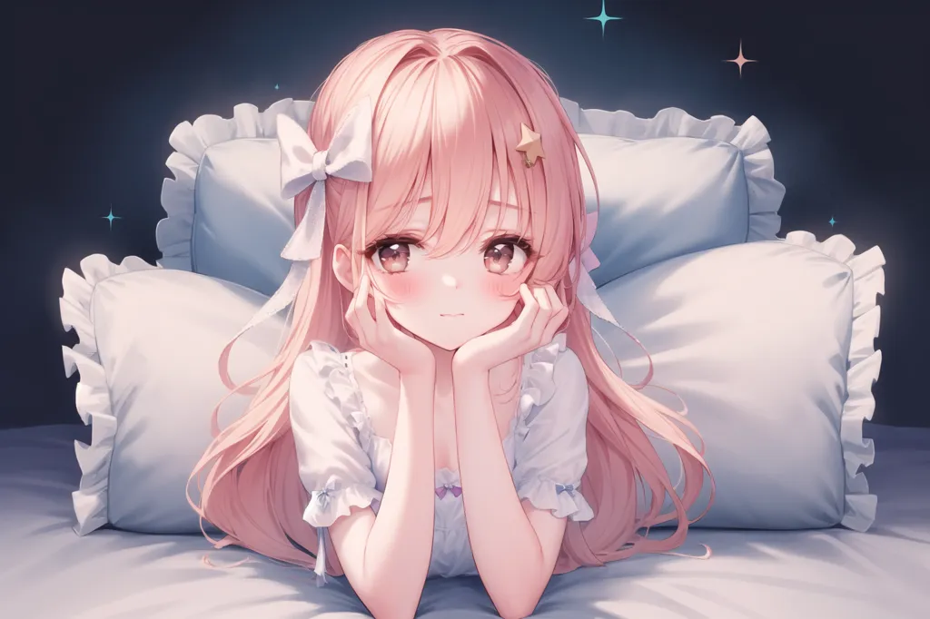 The image is a digital painting of a young girl with pink hair and brown eyes. She is wearing a white dress with a pink bow in her hair. She is lying on a bed with her head resting on her hands. The background is a dark blue color with some stars. The girl is smiling and has a happy expression on her face.