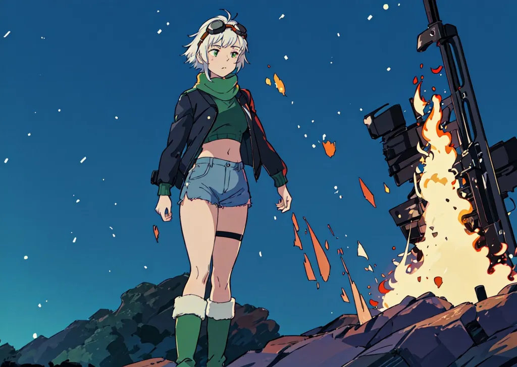 The image is of an anime girl standing on a cliff. She is wearing a black jacket, green shirt, and blue shorts. She has white hair and green eyes. She is looking at a burning plane wreck. There are mountains in the background and a starry sky.