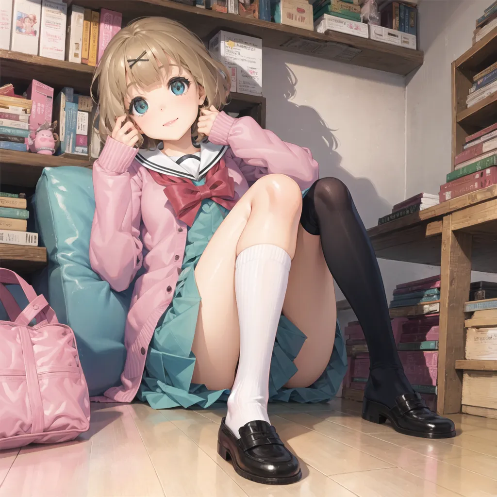 L'image montre une jeune femme aux cheveux blonds courts et aux yeux bleus. Elle porte un cardigan rose, une jupe verte et des chaussettes noires. Elle est assise sur un pouf bleu dans une bibliothèque, entourée d'étagères de livres. Elle a un sac rose sur le côté droit et une pile de livres sur sa gauche. Elle regarde le spectateur avec un sourire timide sur le visage.