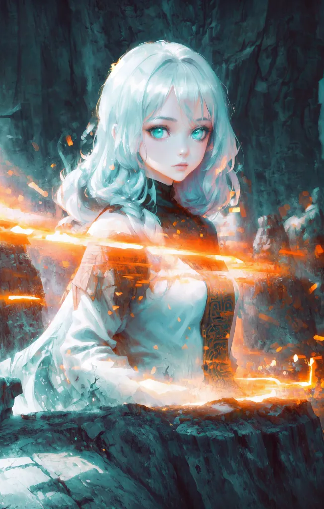 The image is a painting of a young woman with white hair and blue eyes. She is wearing a white dress with a blue sash. She is standing in a dark cave, surrounded by rocks. There is a bright light coming from the right side of the image, which is illuminating her face. She is looking at the viewer with a serious expression.