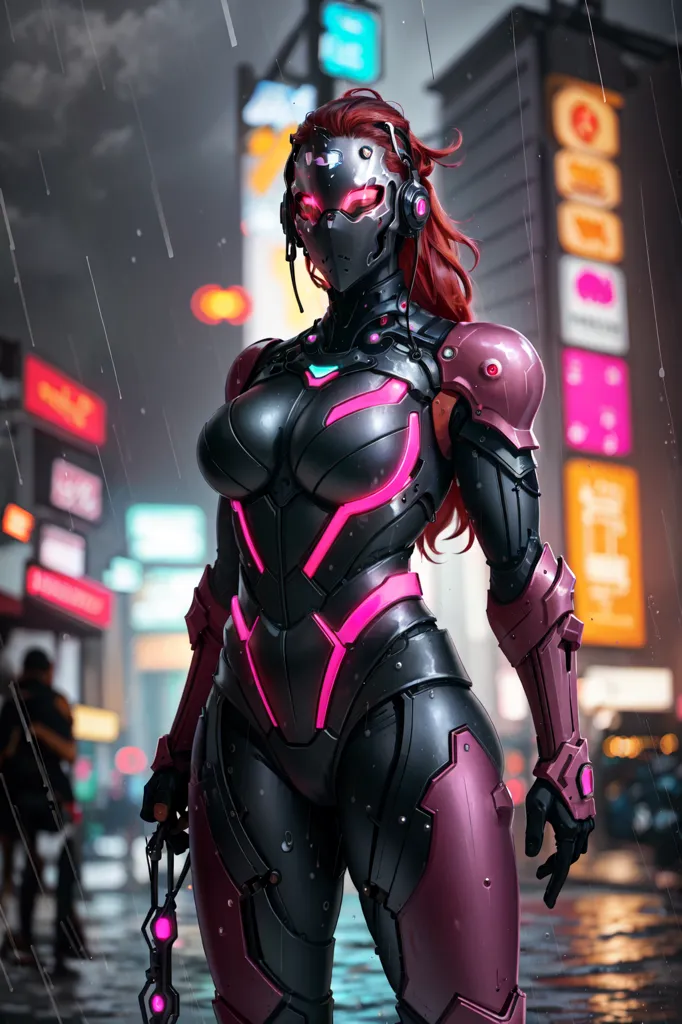 This is an image of a woman wearing a black and pink bodysuit with a helmet. The bodysuit has pink highlights and there is rain falling around her. There are buildings in the background and the image is dark and rainy.