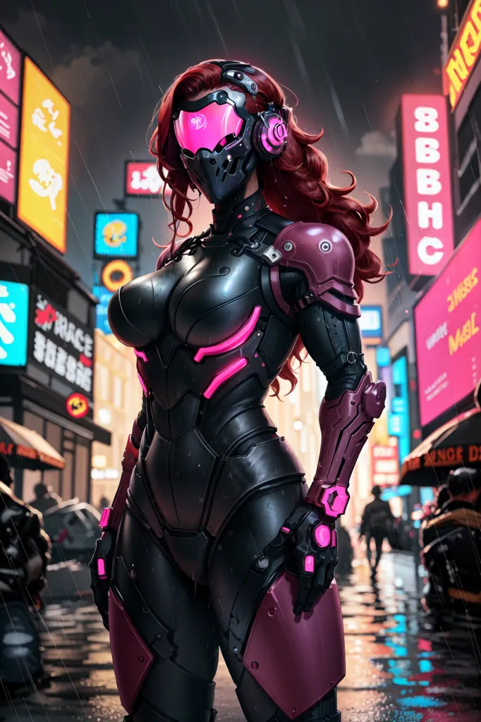 Esta é uma imagem de uma mulher usando um body preto e rosa. O body cobre todo o seu corpo, incluindo a cabeça, e tem destaques rosa. Ela também está usando um par de fones de ouvido e tem um visor sobre os olhos. O fundo da imagem é uma cidade à noite, com luzes de néon e placas.