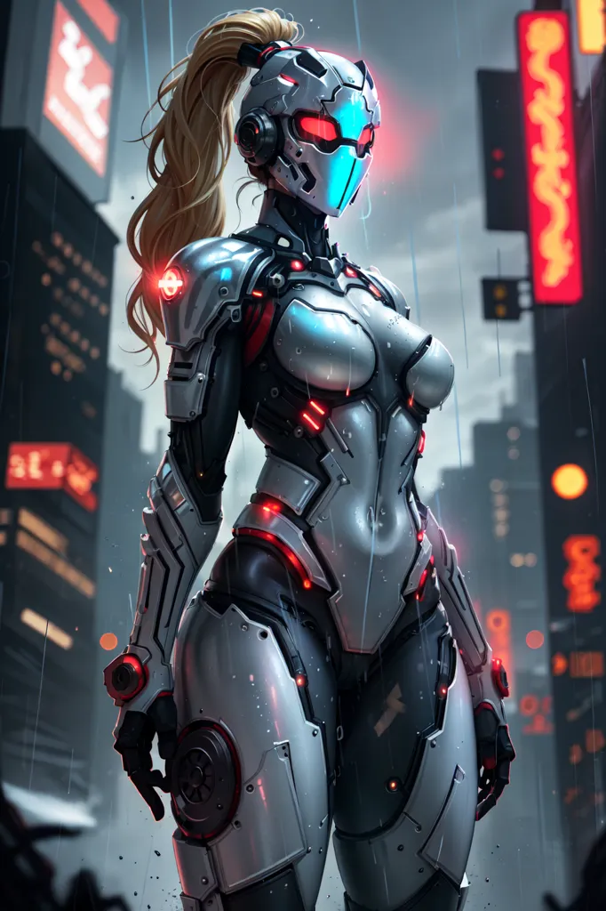 This is an image of a female cyborg. She is wearing a gray and white bodysuit with red and blue lights on her chest, arms, and legs. She has blonde hair that is tied back in a ponytail and blue eyes. She is also wearing a helmet with a visor. She is standing in a dark and rainy city. There are buildings and signs in the background.