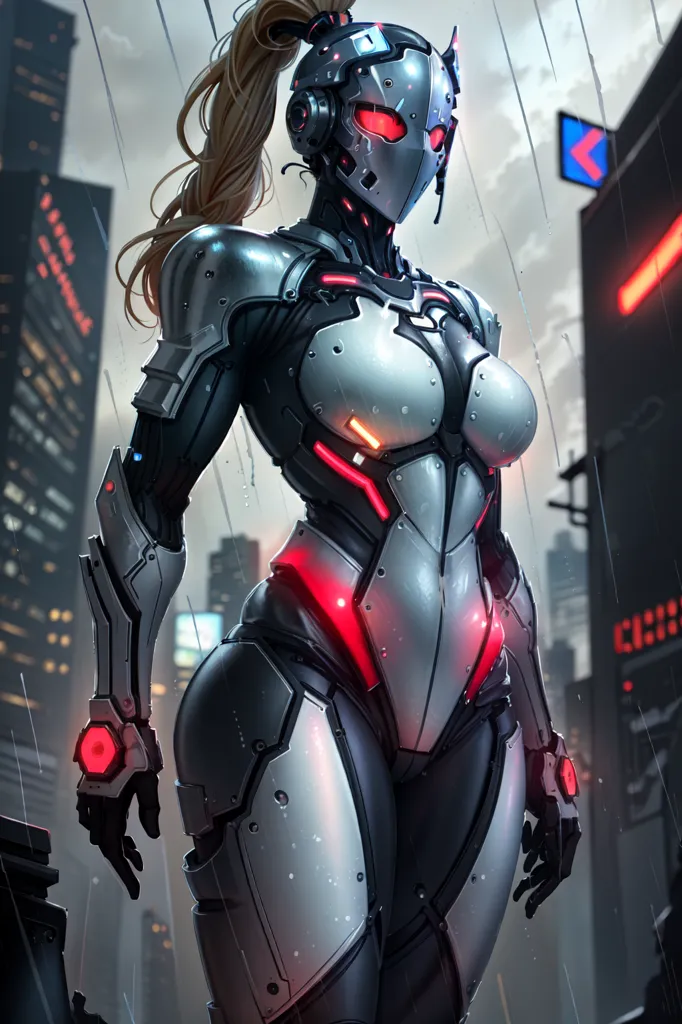 The image shows a female cyborg standing in a rainy city. She is wearing a skin-tight silver and black suit of armor with red lights glowing from her chest, shoulders, and wrists. She has a long blonde ponytail and her eyes are glowing white. She is standing in a city street with tall buildings on either side and a large screen with Chinese characters in the background.