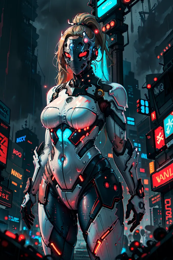 This is an image of a female cyborg standing in a dark city. She is wearing a white and gray bodysuit with blue and red lights. Her face is mostly covered by a mask, and she has a ponytail. The background is a dark city with skyscrapers and neon lights.