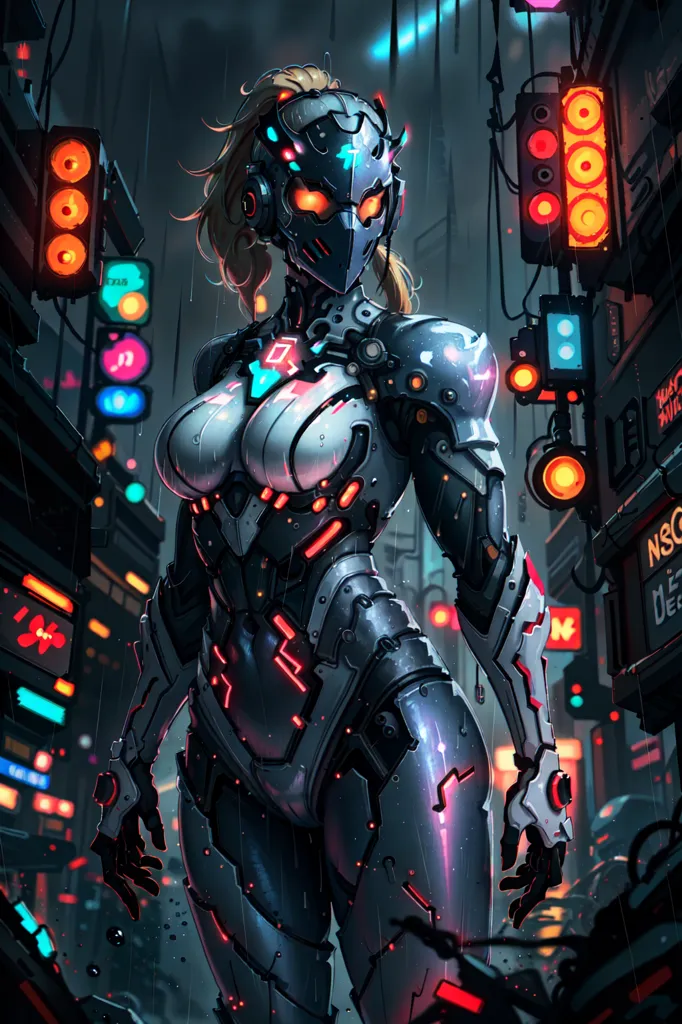 This is an image of a female cyborg standing in a dark and rainy street. She is wearing a black and gray bodysuit with blue and red lights. Her face is mostly covered by a helmet with a visor. She has blonde hair that is tied in a ponytail. She is standing in a street with a lot of neon lights and signs. There are also some cars and people in the background.