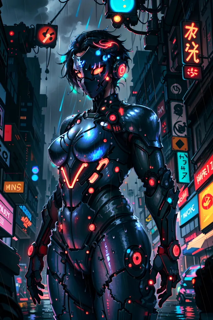 This is an image of a female cyborg standing in a dark and rainy city. She is wearing a black and blue bodysuit with a glowing blue core on her chest. Her face is mostly covered by a mask, but her eyes are glowing blue. She has short black hair and is surrounded by neon lights and signs.