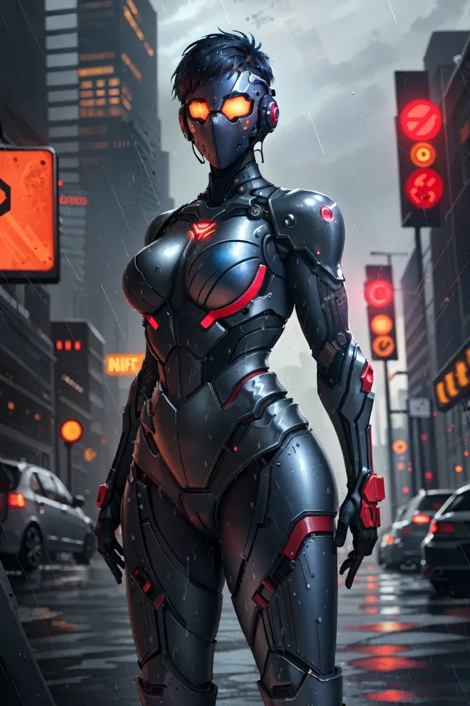 Esta é uma imagem de uma mulher vestindo um traje blindado preto e vermelho. Ela está em pé em uma rua da cidade com uma paisagem urbana futurista ao fundo. A mulher tem cabelos curtos e pretos e olhos azuis. Ela está usando um capacete com uma viseira e tem uma arma na mão. Há carros na rua e um prédio com uma placa que diz \