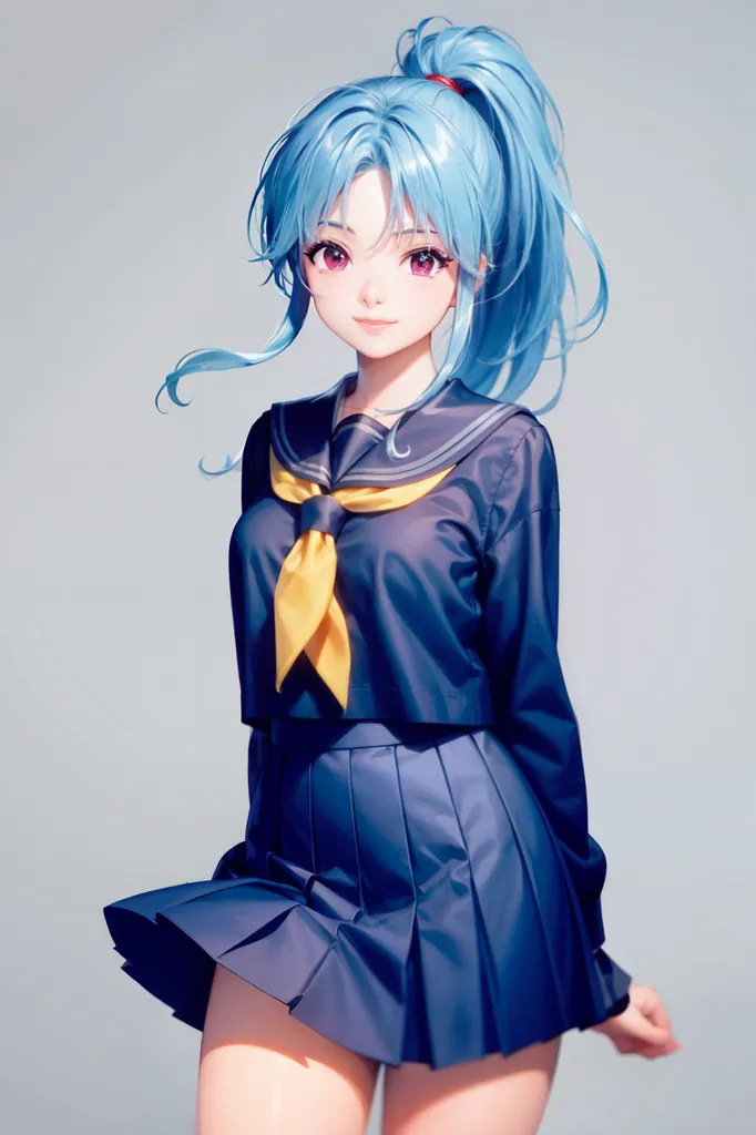 The image shows a young girl with blue hair and purple eyes. She is wearing a blue and white sailor-style school uniform with a yellow ribbon. The girl has a ponytail and is looking at the viewer with a slight smile on her face.