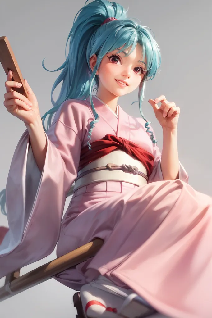 La imagen es de una mujer joven con el cabello azul y ojos verdes. Está usando un kimono con un obi rosa. Está sentada en una escoba y sosteniendo un libro. Tiene una sonrisa en su rostro. El fondo es blanco.