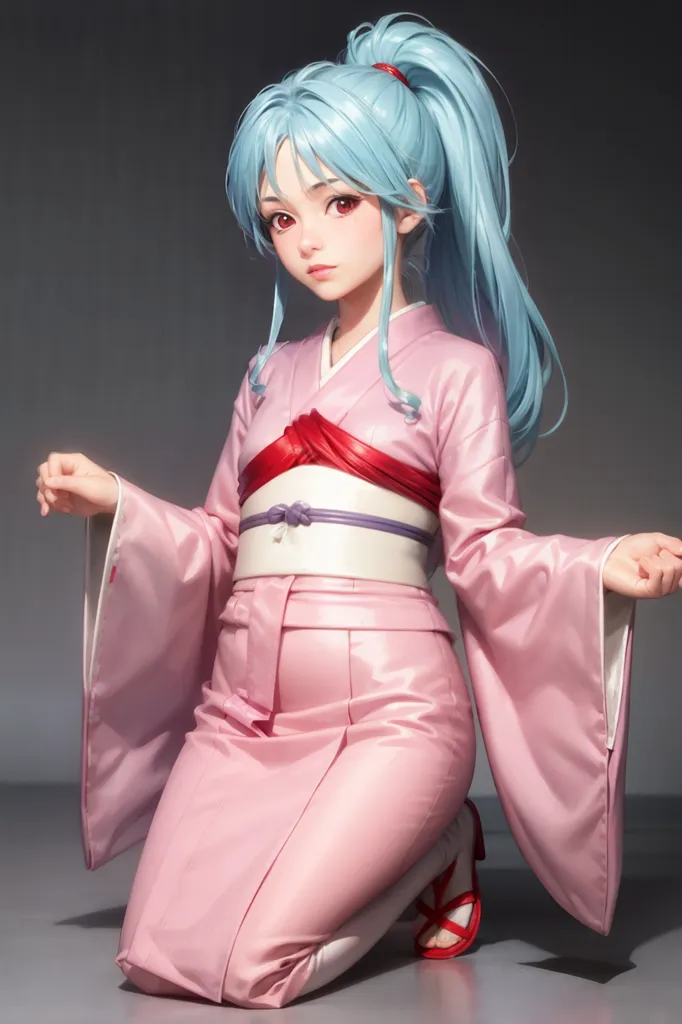 Gambar ini adalah rendering 3D dari seorang wanita muda dalam kimono pink dengan obi merah. Dia memiliki rambut biru dan mata coklat, dan dia berlutut di tanah dengan tangan terjulur. Dia mengenakan kaus kaki merah dan sandal geta. Latar belakangnya adalah abu-abu gelap.