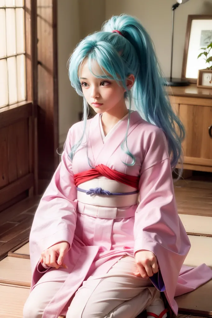 L'image montre une jeune femme aux cheveux bleus et aux yeux bruns. Elle porte un kimono rose avec une écharpe obi rouge et un pantalon hakama blanc. Elle est assise sur le sol dans une maison japonaise traditionnelle. La pièce a un sol et des murs en bois, et il y a un écran shoji en arrière-plan.