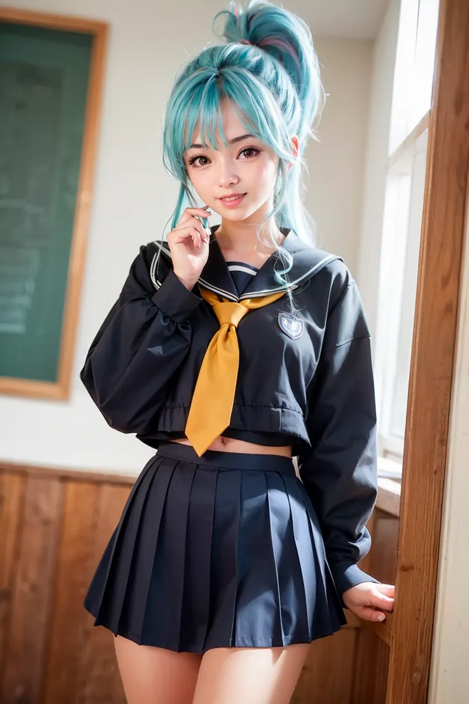 The image shows a young woman standing in a room. She is wearing a black and yellow sailor-style uniform with a pleated skirt and a tie. Her long blue hair is tied back in a ponytail and she has a small smile on her face. She is standing with one hand on her hip and the other holding her tie.