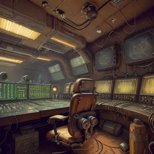 The image shows a retro futuristic control room. There is an empty chair in the center of the room. The chair is made of brown leather and has a lot of buttons and switches on it. There are several computer monitors on the walls around the room. The monitors are all showing different things, such as graphs, charts, and maps. There are also a lot of other machines and devices in the room. The room is very dark and dirty. It looks like it has not been used in a long time.