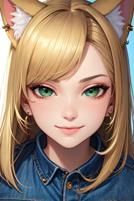 The image is a digital painting of a young woman with cat ears. She has long, blonde hair, green eyes, and a friendly expression on her face. She is wearing a blue denim shirt with the collar unbuttoned. The image is drawn in a semi-realistic style, and the artist has used a variety of techniques to create a sense of depth and realism. The image is likely to appeal to people who enjoy anime and manga, as well as those who simply appreciate beautiful artwork.