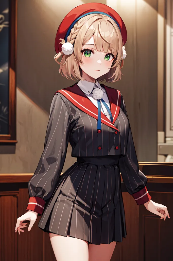 The image shows an anime girl with short blonde hair and green eyes. She is wearing a red beret with white fur trim, a gray striped blazer with red trim, and a pleated gray skirt. She is also wearing a white blouse with a red ribbon and a blue tie. She is standing in a room with wooden walls and a brown floor. There is a door on the left and a window on the right. The girl is looking at the viewer with a smile on her face.