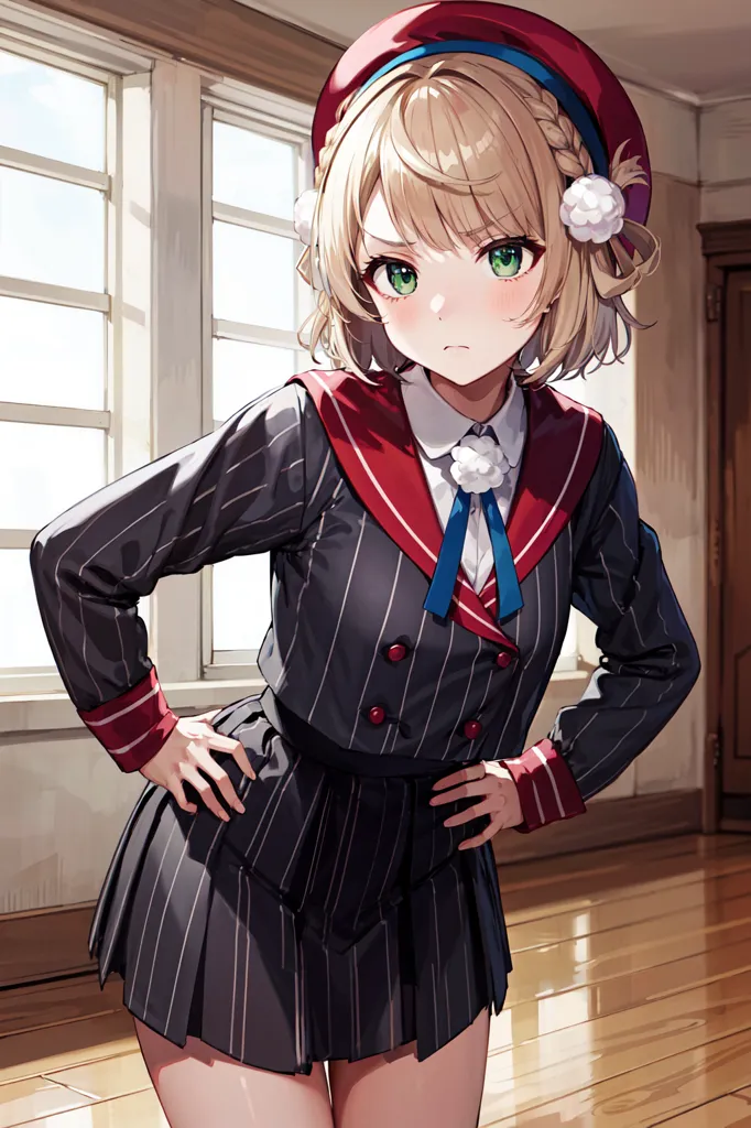 The image shows a young girl with short blonde hair and green eyes. She is wearing a black and gray striped blazer with a red bow tie, a white blouse, and a gray pleated skirt. She is also wearing a red beret with a white pom-pom. She has her hands on her hips and is looking at the viewer with an annoyed expression on her face. She is standing in a room with two windows and a wooden floor.