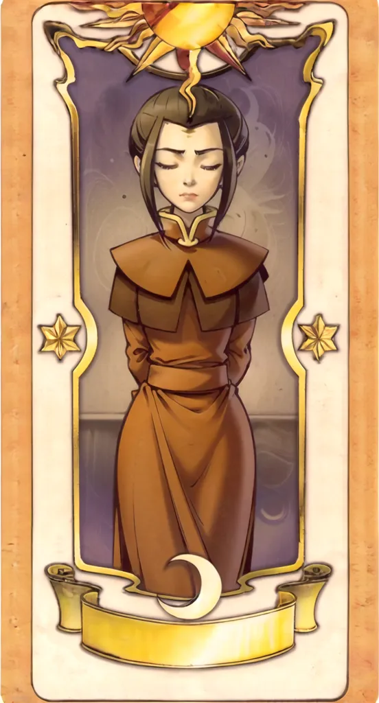 The image is a tarot card featuring Azula from Avatar: The Last Airbender. She is depicted with a neutral expression on her face, wearing a brown robe with a white sash tied around her waist. The card has a crescent moon symbol at the bottom and a sun symbol at the top. The background is a gradient of purple and blue, with a star on each side of Azula.