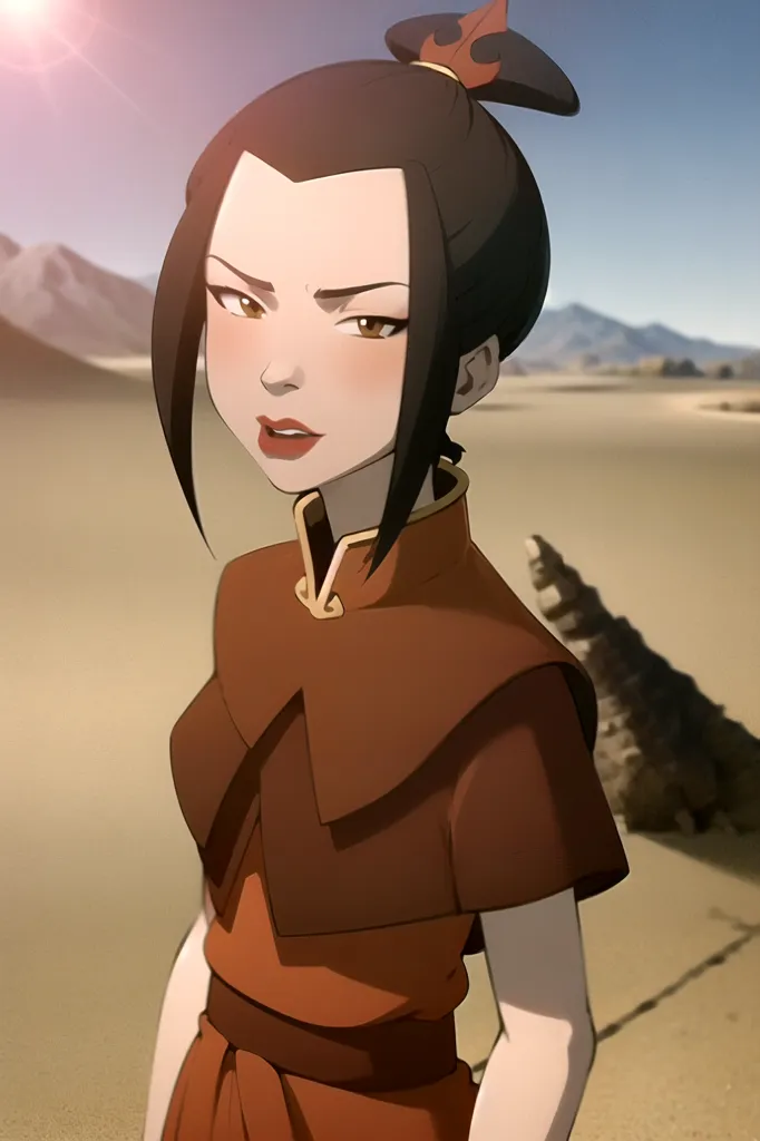 The image is of Azula from the animated TV series Avatar: The Last Airbender. She is standing in a desert setting, with a large rock formation behind her. She is wearing her iconic red and black outfit, with her hair tied up in a bun. She has a confident expression on her face, and her eyes are narrowed.