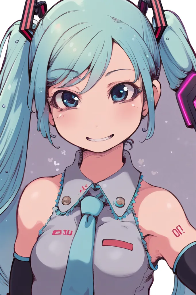 This image shows a young woman with long, aqua-colored hair tied up in twintails. She has blue eyes and a pink blush on her cheeks. She is wearing a white and gray outfit with a blue tie and a pink and white striped collar. She also has a pair of black headphones with pink accents on her head. The image is drawn in a realistic style and the colors are vibrant and bright.