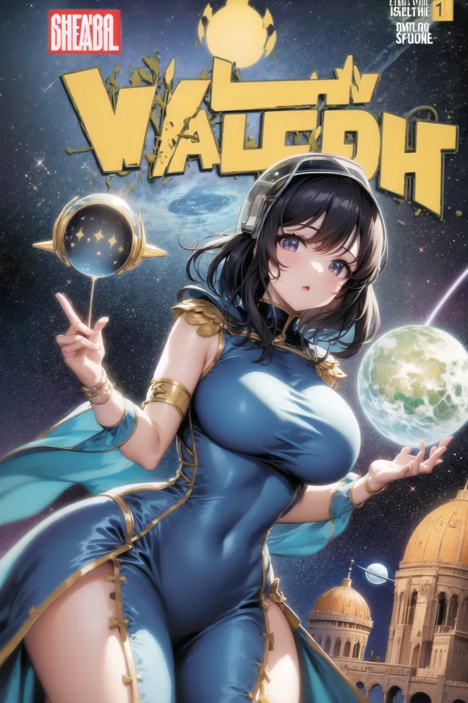 The image is a cover of a comic book. The title of the comic book is "Valkyrie". The cover features a young woman with long black hair and blue eyes. She is wearing a blue and gold dress. She is standing in front of a blue and purple background. There are two planets in the background. The woman is holding a small, glowing orb in her right hand. She is looking at the orb with a serious expression on her face.