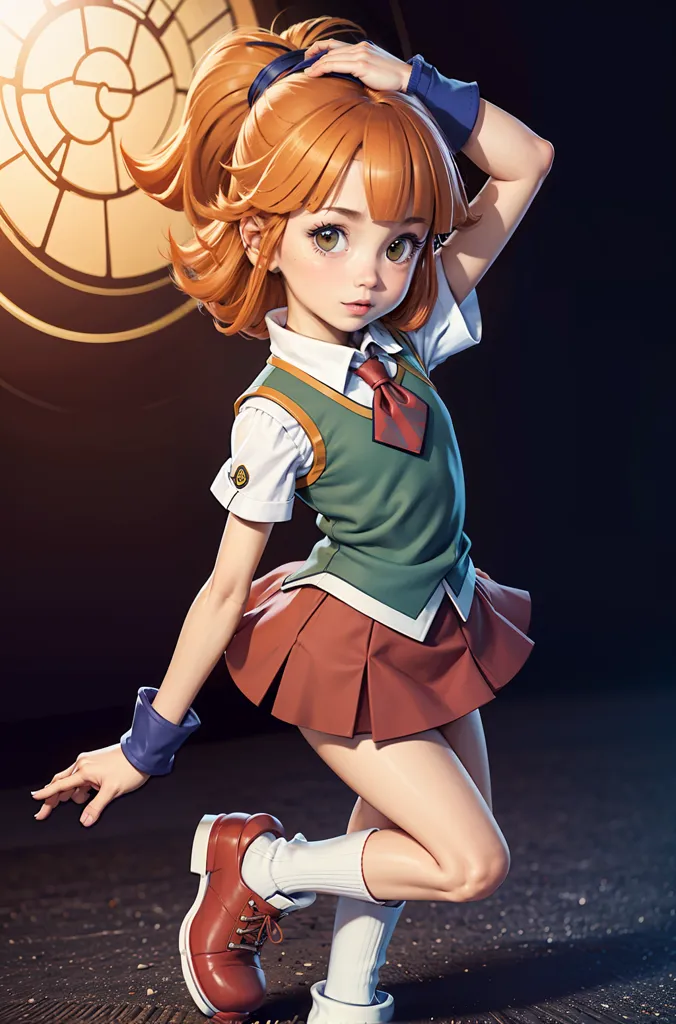 This is an image of a young girl with orange hair and green eyes. She is wearing a school uniform that consists of a white blouse, a green vest, and a brown skirt. She is also wearing a red tie and brown shoes. The girl is standing in a confident pose with one hand on her hip and the other in her hair. She has a slight smile on her face. The background of the image is a dark color with a glowing yellow circle in the top left corner.