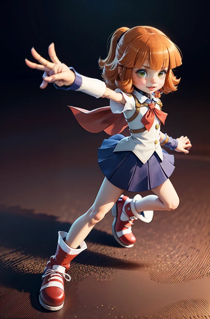 This is an image of a young girl in a school uniform. She has orange hair and green eyes. She is wearing a white shirt, a blue skirt, and a red tie. She is also wearing a red cape and a pair of brown boots. She is standing in a fighting stance, with her left hand raised in a blocking position and her right hand extended forward in a punching position.