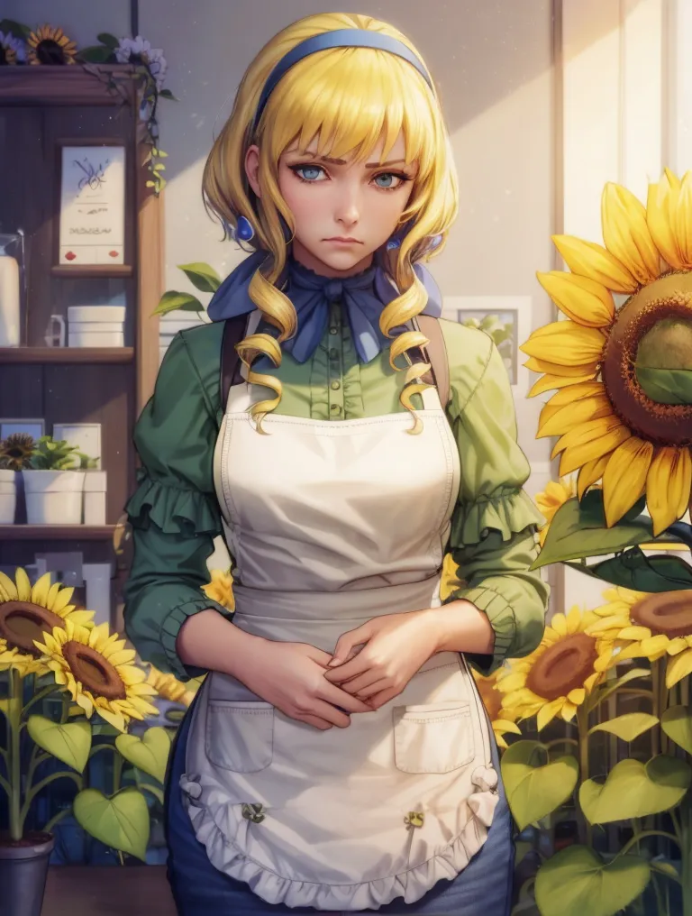 The image shows a beautiful anime girl with long wavy blonde hair and blue eyes. She is wearing a white apron over a green blouse and a blue skirt. She is standing in a flower shop, surrounded by sunflowers. The girl has a sad expression on her face, as if she is troubled by something.