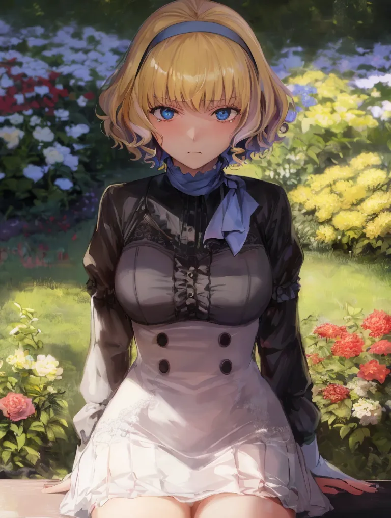 The image is a painting of a young woman with short blonde hair and blue eyes. She is wearing a black and white dress with a blue ribbon around her neck. She is sitting on a bench in a garden, surrounded by flowers. The background is a blur of green leaves and flowers. The painting is done in a realistic style, and the woman's expression is one of sadness or resignation.