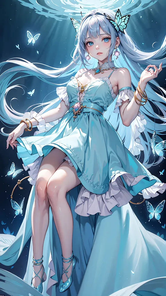 The image is a painting of a beautiful woman with long, flowing white hair and blue eyes. She is wearing a light blue dress with a white camisole and a blue bow in her hair. She is also wearing blue earrings and a necklace with a blue pendant. She is standing in front of a blue background with a white butterfly on her left and a blue butterfly on her right.