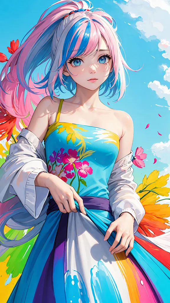 A imagem mostra uma garota em estilo anime com cabelos longos rosa e azuis. Ela está usando um vestido azul e amarelo com um casaco branco. A garota está em pé em um campo de flores, e também há flores em seu cabelo. O fundo é um céu azul com nuvens brancas. A garota olha para o espectador com uma expressão séria.