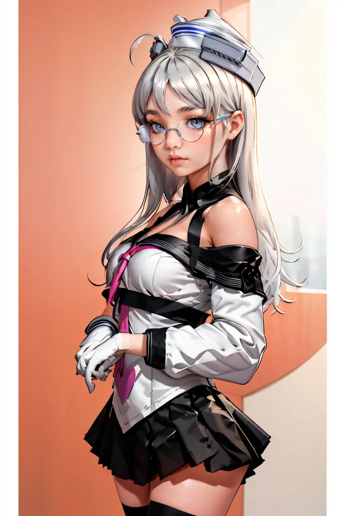 The image depicts an anime-style girl with white hair and blue eyes. She is wearing a white and pink sailor-style outfit with a black skirt and a white hat. She is also wearing glasses and has a serious expression on her face.