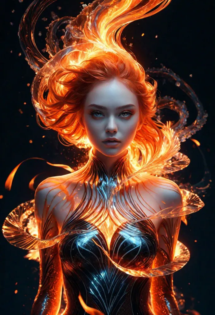 The picture shows a woman with long red hair. Her hair is flowing around her head like flames. She is wearing a silver dress with a pattern resembling flames. The dress is low-cut, showing off her cleavage. The woman's eyes are blue, and her lips are slightly parted. She has a serious expression on her face. The background is black, with a few orange sparks.