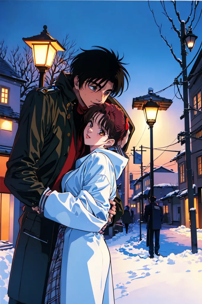 This is an image of a man and a woman standing in a snowy street. The man is wearing a black coat and the woman is wearing a white coat. The man has his arm around the woman's shoulder. There are street lamps on either side of the street and a building in the background. The image has a romantic feel to it.