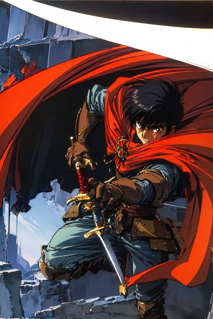 This is an illustration of a young man with a sword. He is wearing a red cape and blue tunic. His expression is serious and determined. He is standing on a pile of rubble, with a large sword in his hand. The background is a gray stone wall.