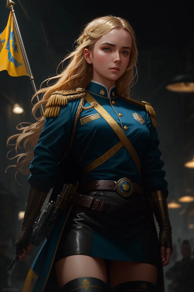 L'image montre une jeune femme, aux longs cheveux blonds, portant un uniforme militaire composé d'une veste bleue avec des épaulettes dorées et d'une mini-jupe noire. Elle tient un drapeau et a une arme à la hanche. Elle a une expression sérieuse sur le visage.