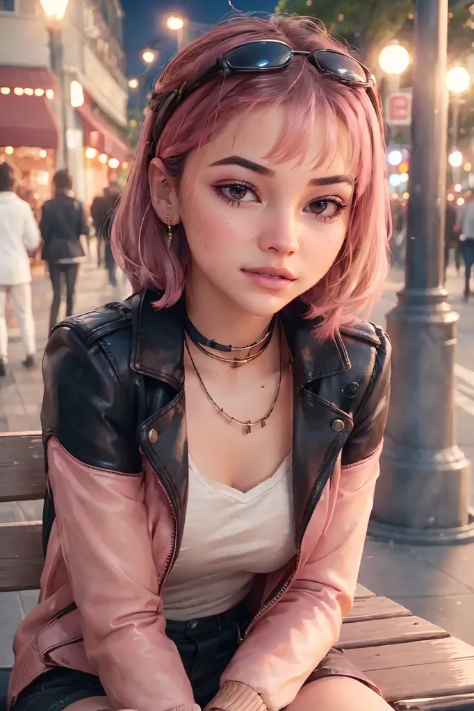 The image shows a young woman with pink hair and brown eyes. She is wearing a white shirt, a pink and black leather jacket, and a black necklace. She is sitting on a bench in a city street with blurred people walking in the background.