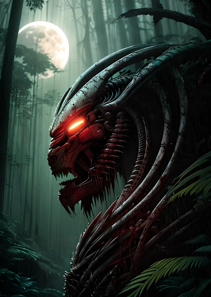 The image is a dark and detailed digital painting of a Predator, a fictional alien creature from the Predator film series. The Predator is depicted as a tall, muscular, and bipedal creature with black and red skin. Its head is dominated by a large, mandibled mouth, and its eyes are glowing red. The Predator is also equipped with a variety of weapons, including a pair of wrist-mounted blades and a shoulder-mounted cannon. The creature is standing in a dense forest, and the only light comes from a full moon shining through the trees. The Predator is looking to its right, possibly in the direction of its prey. The image is full of suspense and atmosphere, and it captures the ferocity and power of the Predator.